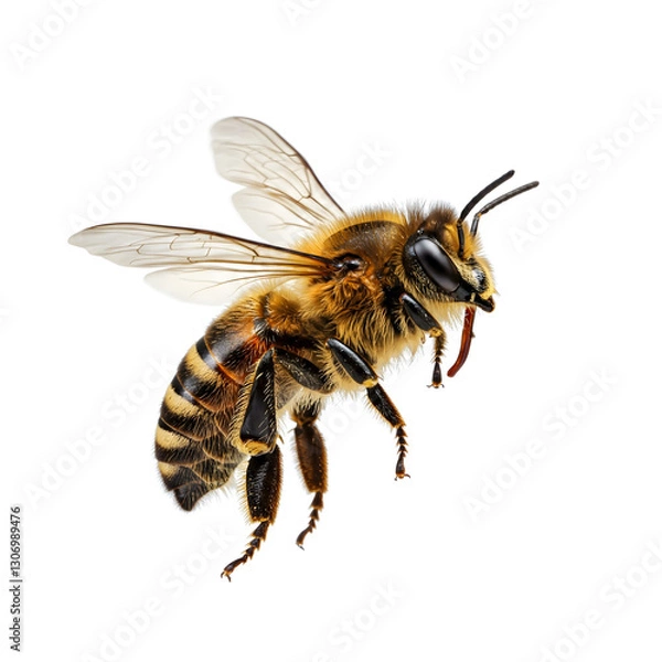 Fototapeta A detailed close-up of a honeybee in flight, wings extended, isolated on a white background