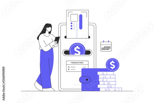 Fototapeta Mobile banking concept. Сurrency exchange in a virtual wallet. Woman makes financial transactions and manages account, digital wallet in app. Flat Cartoon Vector Illustration, icon. Stylish abstract 