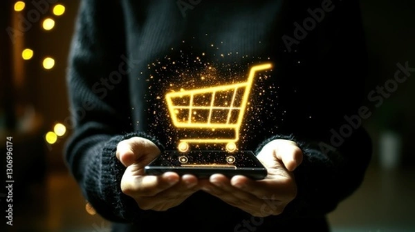 Fototapeta Bright Shopping Cart Icon with Sparkles Over a Smartphone Display