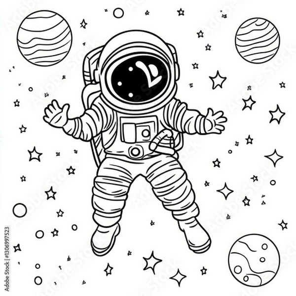 Obraz Coloring book with an astronaut, planets and outer space. Outline Drawing