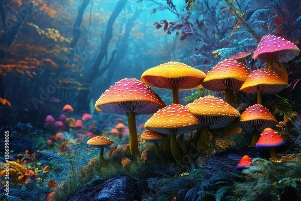 Fototapeta A collection of colorful fantasy mushrooms growing in an enchanted woodland, isolated.