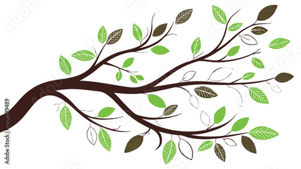 Fototapeta Adobe IllusStylized Black Tree Branch with Green Leaves and a Small Bird - Minimalist Nature Illustration