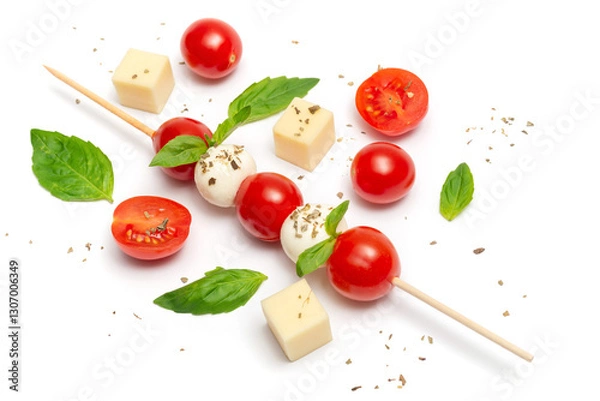 Fototapeta Caprese skewer with cherry tomatoes and basil leaves on a white background