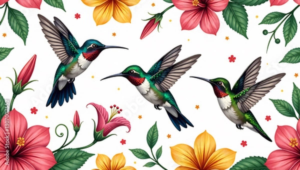 Fototapeta Flitting Hummingbirds by Flowers - A seamless pattern of hummingbirds sipping nectar from vibrant blooms.