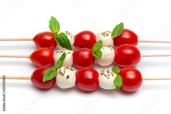 Fototapeta Caprese skewers with cherry tomatoes and basil leaves on a white background