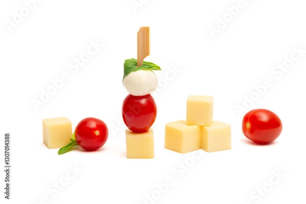 Fototapeta cheese and cherry tomato on a wooden stick on a white background