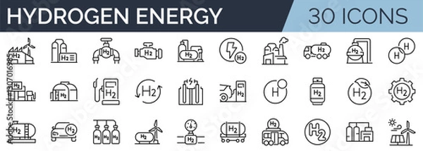 Obraz Set of 30 outline icons related to hydrogen energy. Linear icon collection. Editable stroke. Vector illustration