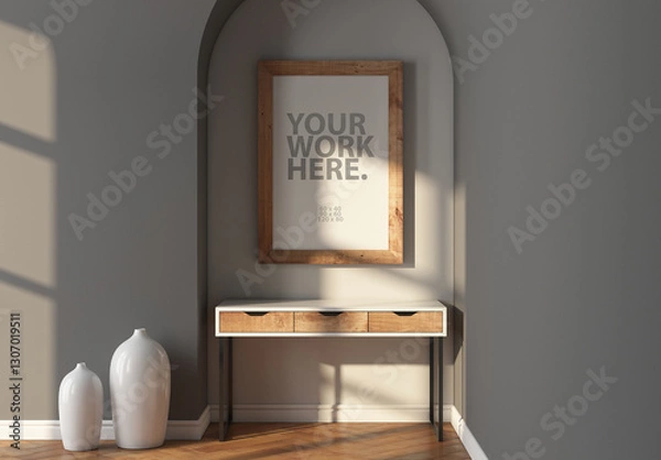 Fototapeta Vertical art poster with wooden frame mockup hanging above table