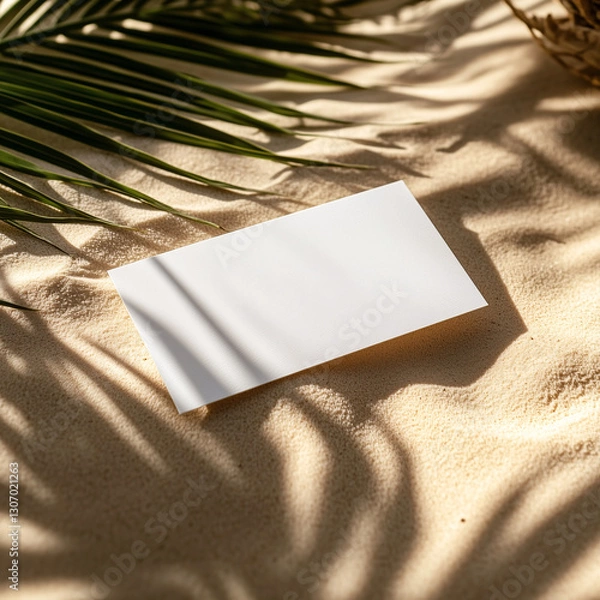 Fototapeta Blank white business card mockup on textured sand beach with palm leaf shadows