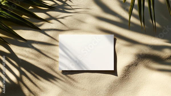 Fototapeta Blank white business card mockup on textured sand beach with palm leaf shadows