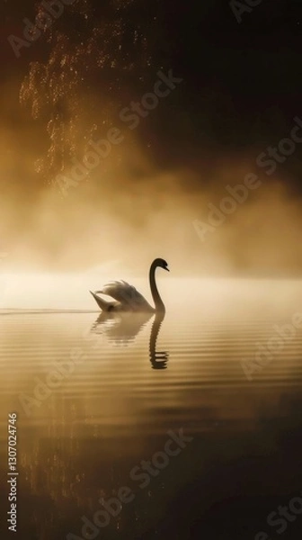 Fototapeta A serene swan gliding through a foggy lake at dawn