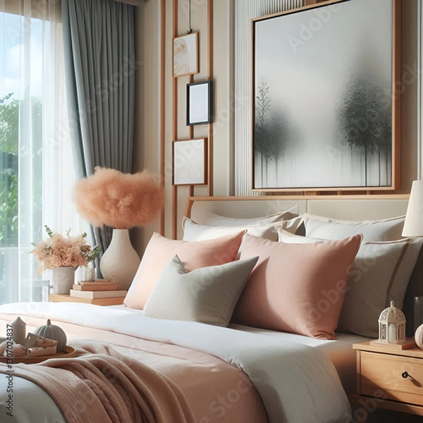 Fototapeta  a cozy and stylish bedroom with a warm, inviting ambiance. The bed is adorned with soft, neutral-toned bedding in shades of beige and blush pink, complemented by an assortment of plush pillows
