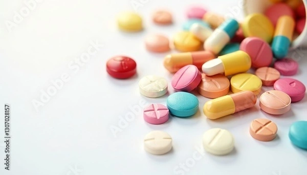 Fototapeta Assorted colorful pills scattered on white background, colorful medicine, prescription, close-up