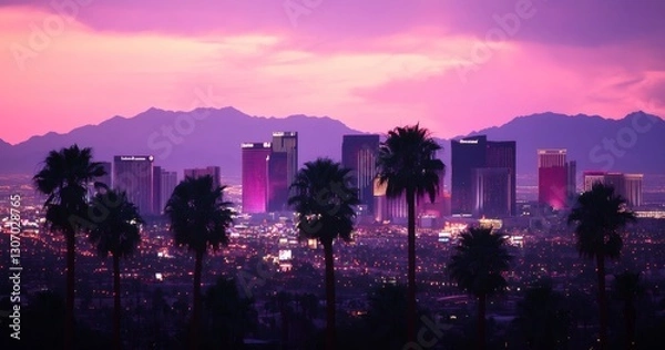 Fototapeta Cityscape Under a Pink Sky: A vibrant cityscape silhouette set against a stunning, painterly sky of pink and purple hues. This image captures the blend of urban life and natural beauty.