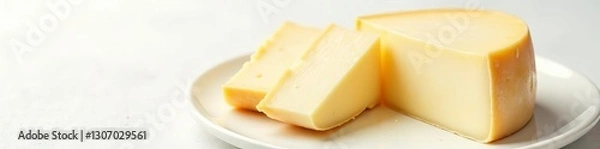 Fototapeta Sliced Camembert, rich, edible rind, pristine white backdrop, food photography, creamy, pieces