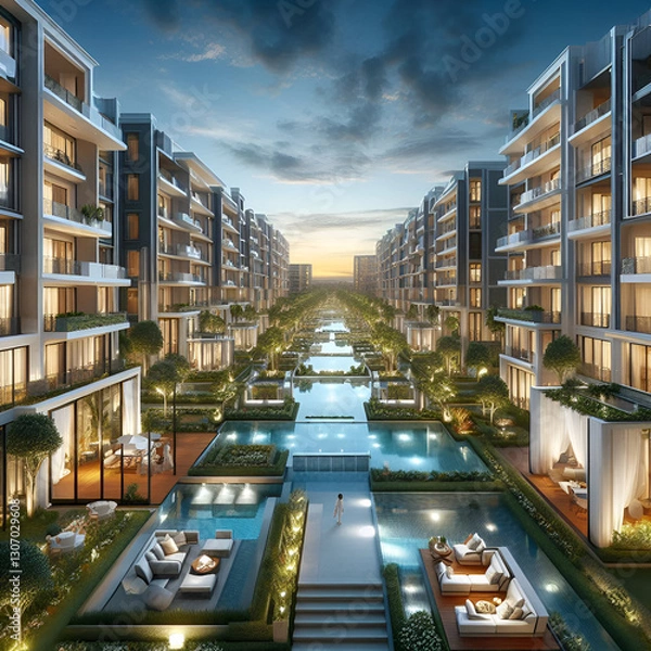 Fototapeta  a luxurious residential complex at dusk, featuring modern multi-story buildings with large glass windows and spacious balconies The architecture blends contemporary and classic elements, surrounded 