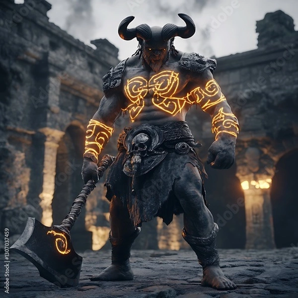 Obraz A powerful minotaur warrior with glowing tribal tattoos