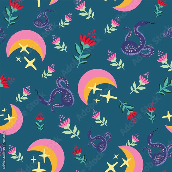 Obraz Mystical pattern with moon, snake, flowers vector design