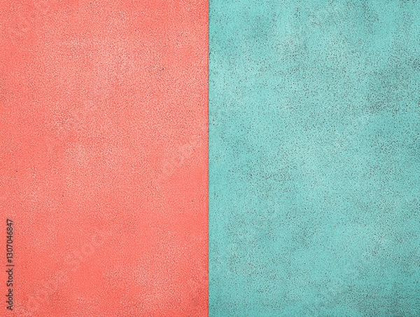 Fototapeta Split color texture background featuring coral and teal surfaces with subtle grain effects