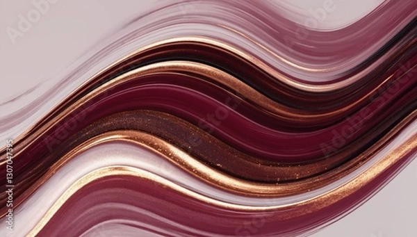 Fototapeta Abstract paint drawing on a white background. Wide wavy line lipstick, eye shadow and blush in deep burgundy and gold shades. Cosmetics Color Sample