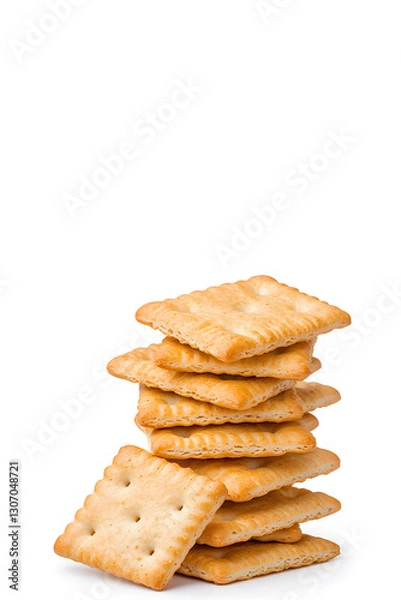 Fototapeta Stacked pile of crispy saltine crackers, isolated on white background