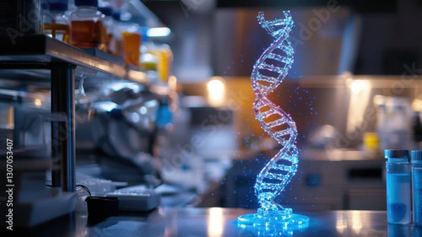 Fototapeta glowing DNA helix model in laboratory setting, symbolizing genetics and science