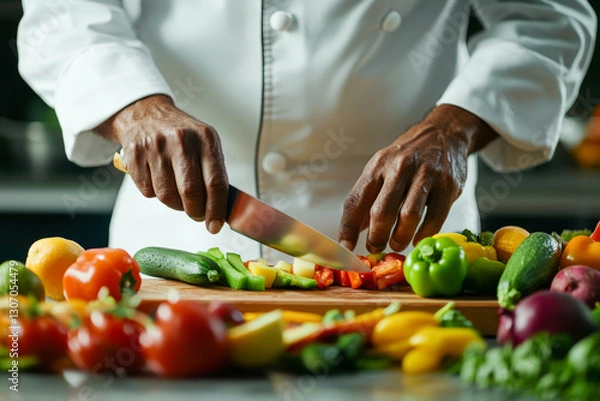 Fototapeta Professional chef preparing fresh vegetable ingredients with sharp knife