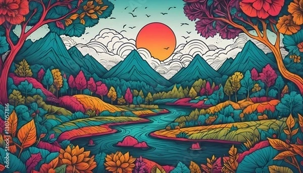 Fototapeta Vibrant Scenic Landscape with Mountains, River, Colorful Trees, and a Setting Sun in a Dreamy Style