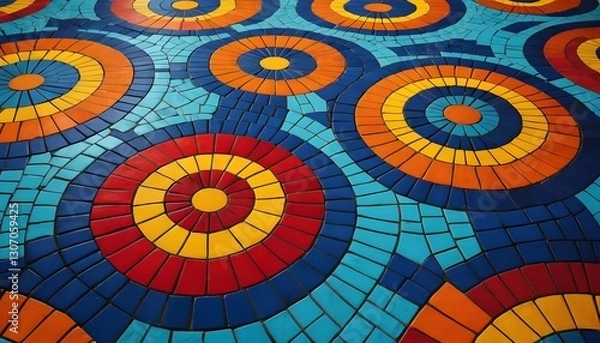 Fototapeta Colorful Circular Mosaic Pattern with Vibrant Shades of Red, Blue, Yellow, and Orange Tiles on Surface
