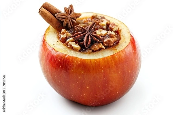 Fototapeta Baked apple stuffed with cinnamon and nuts isolated on white background 