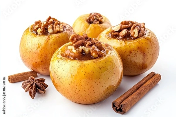 Fototapeta Baked apple stuffed with cinnamon and nuts isolated on white background 