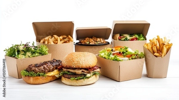 Fototapeta Delicious burgers, fries, and salads in cardboard takeout boxes on a white wooden surface. The food is neatly arranged and looks appetizing.