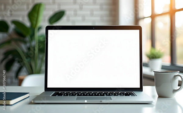 Fototapeta Mocap laptop with blank screen on a workspace, coffee cup and notebook, bright and inspiring environment