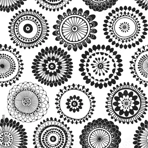 Fototapeta Seamless pattern with abstract doodle flowers. Black and white vector illustration.