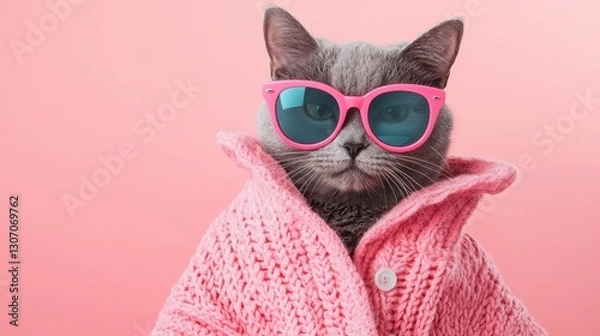 Obraz Stylish Cat in Pink Sweater and Sunglasses Against Soft Pink Background