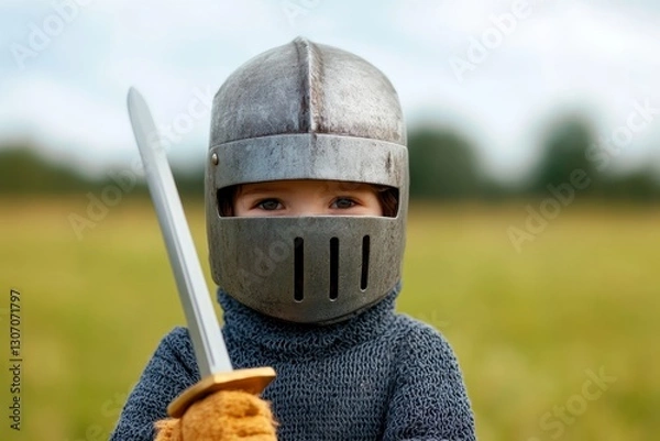 Obraz Young child dressed as a knight in armor holding a sword in outdoor field during daylight