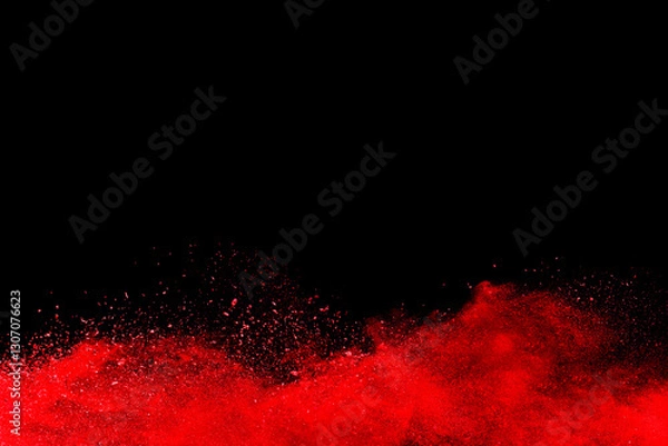 Fototapeta Abstract frame powder splatted background. Red powder explosion on black background copy space. Colored cloud. Colorful dust explode. Paint Holi