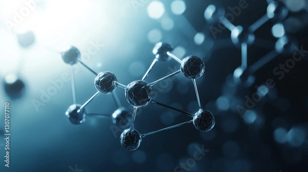 Fototapeta Highly detailed 3D molecular composition with refractive glass-like spheres and minimalistic connectors, showcasing atomic bonding and pharmaceutical science in a modern artistic s