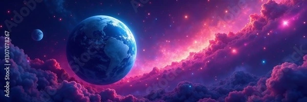 Fototapeta A colorful and vibrant space illustration with a planet surrounded by twinkling stars, astronomy, planet, space