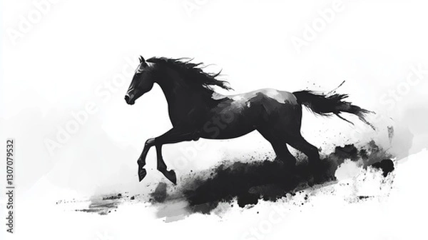 Fototapeta Silhouette of a horse galloping through mist, black and white, dynamic and powerful, artistic and elegant, dramatic and minimal, soft and timeless