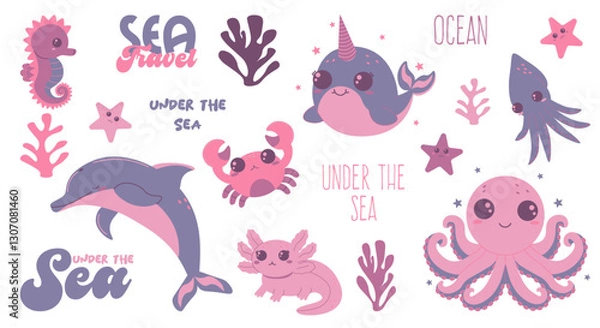 Obraz Set of flat vector illustrations on the theme of marine inhabitants. Cute octopus crab narwhale squid dolphin axolotl seahorse sea stars and corals lettering. 