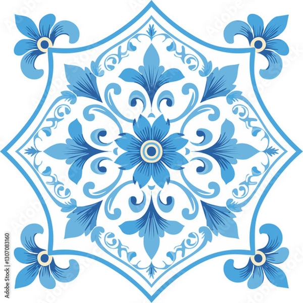 Obraz Traditional ceramic tiles Azulejo vector illustration. Italian print and pattern for fabric and wallpaper. Sicilian majolica in blue tones. Ornament in Mediterranean style.