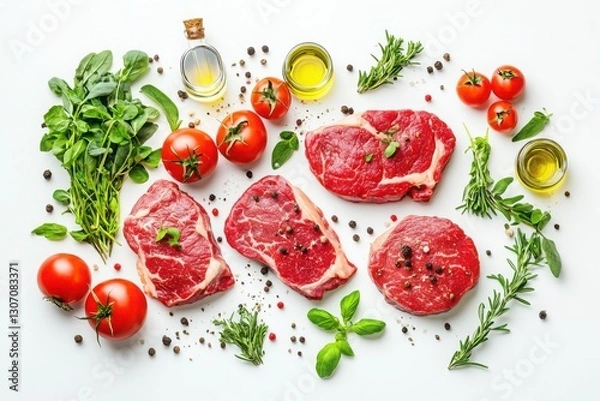 Fototapeta Fresh Ingredients for Cooking with Raw Meat and Vegetables Displayed