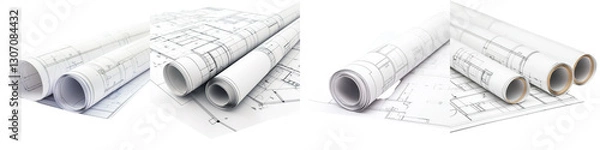 Fototapeta Architectural blueprints technical drawings and engineering plans for commercial and residential construction project planning and design  Detailed draft sketches layouts