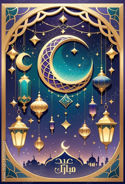 Obraz Greeting Card for Eid Mubarak and Ramadan Kareem, Crescent Moon, Lanterns, Calligraphy and Traditional Islamic Architecture, using generative ai