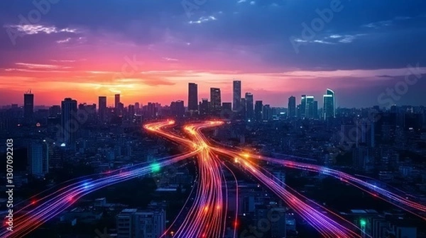 Fototapeta Smart city with speed line glowing light trail surround the city. big data connection technology concept