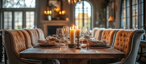 Obraz Elegant dining room set for a festive gathering, featuring a candlelit table and cozy ambiance