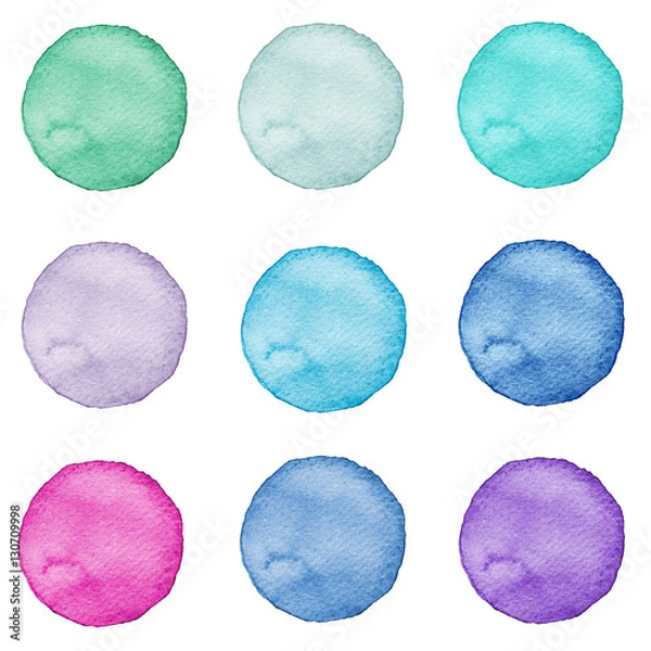 Fototapeta Set of watercolor circles pastel colors. Illustration for artistic design. Round stains, spots isolated on white.