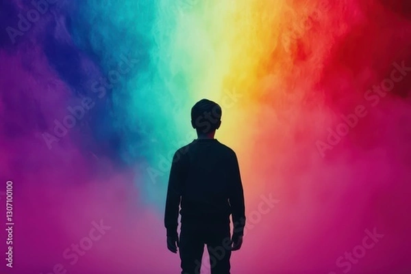 Fototapeta A child frozen in awe as a raincloud bursts into a holographic rainbow above their head, Futuristic Fantasy, Vivid Colors.