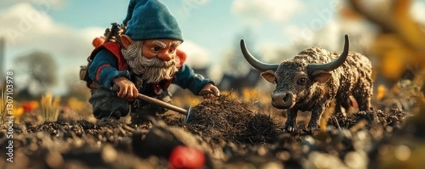 Obraz Garden Gnome Tending to Soil with Toy Bull in Vibrant Garden Scene